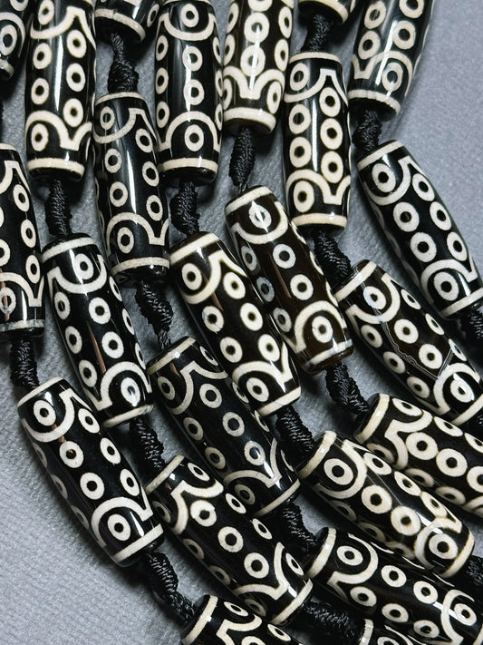 Natural Tibetan Gemstone Bead 29x10mm Barrel Shape Bead, Beautiful Black White Hand Painted Unique Design Tibetan Bead, Full Strand 15.5"