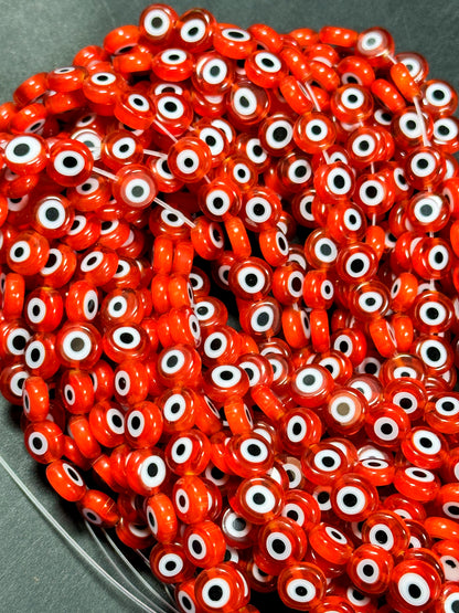 Beautiful Evil Eye Glass Beads 8mm Flat Coin Shape, Beautiful Red Orange Color Evil Eye Beads, Religious Amulet Prayer Beads, Great Quality