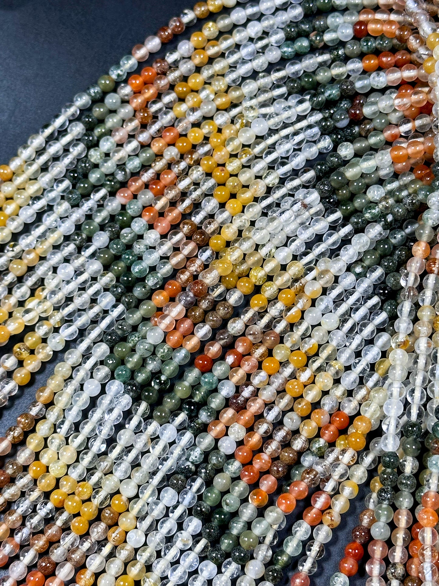 Natural Multi Rutilated Quartz Gemstone Bead 4mm Round Beads, Beautiful Multicolor Clear Yellow Orange Green Rutilated Quartz Beads 15.5"