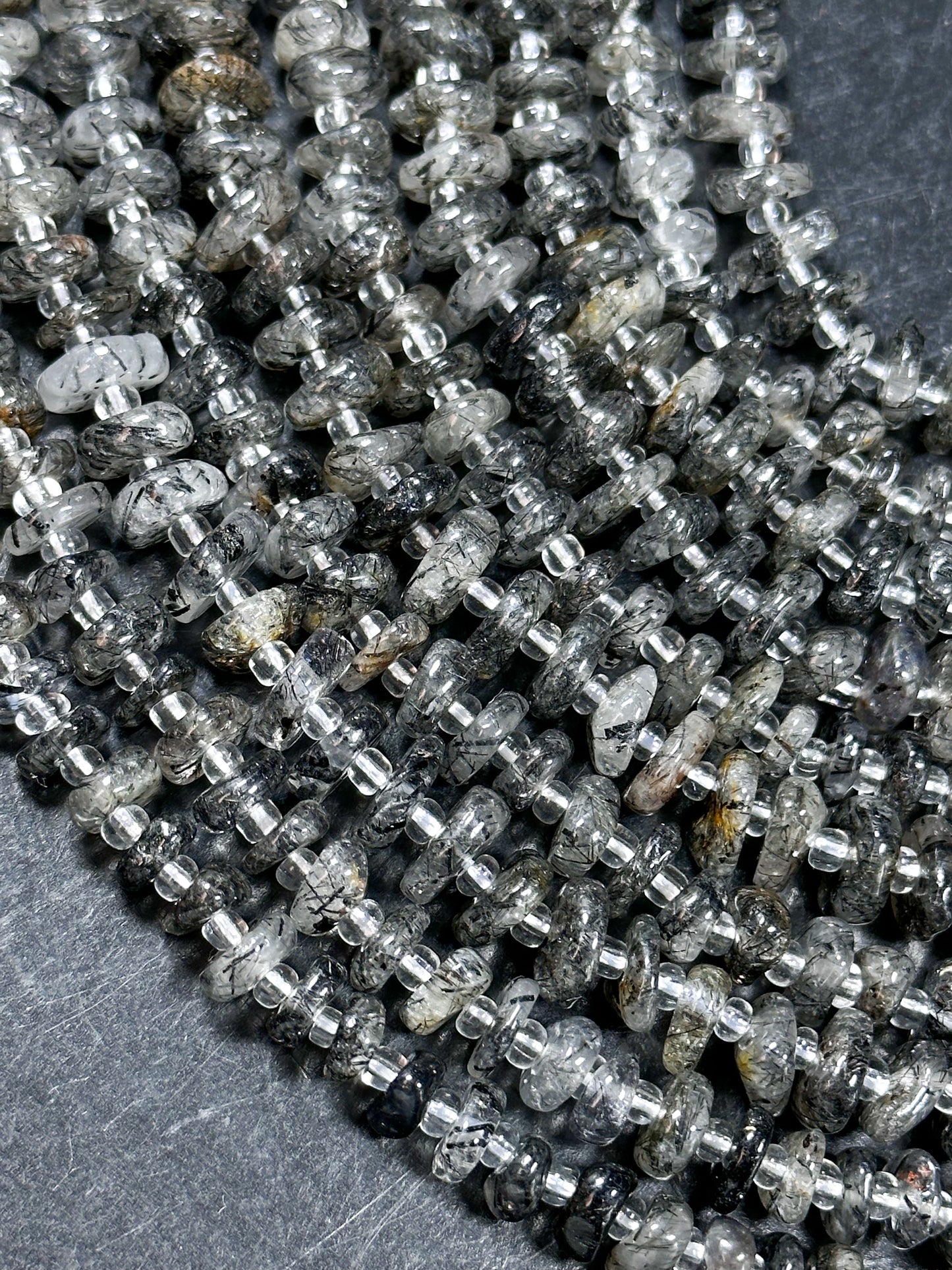 NATURAL Rutilated Quartz Gemstone Bead 7-9mm Freeform Rondelle Shape Beads, Beautiful Black Gray Color Black Hairs Loose Bead 15.5" Strand