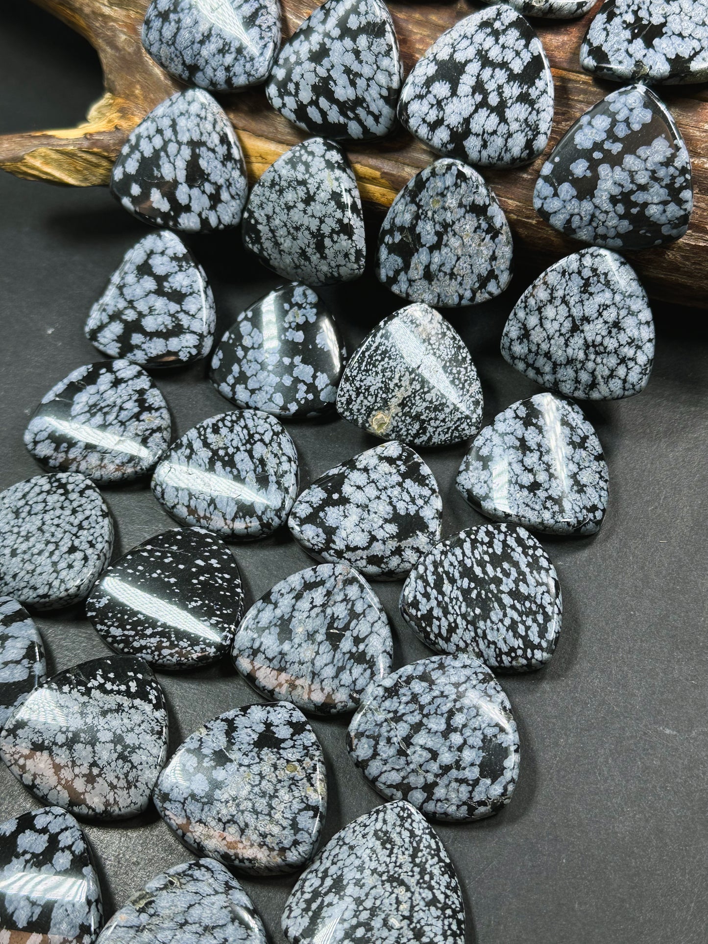 Natural Snowflake Obsidian Gemstone Bead 35mm Curved Triangle Shape, Natural Black Gray Color Snowflake Obsidian Beads, Full Strand 15.5"