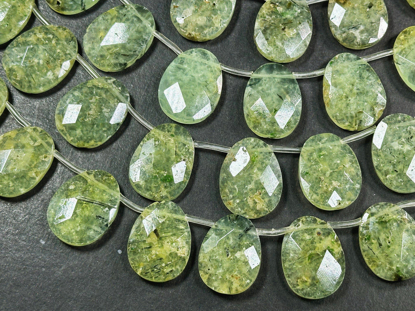 Natural Prehnite Gemstone Bead Faceted 26x19mm Teardrop Shape, Beautiful Natural Green Prehnite w/ Epidote Gemstone Beads, Full Strand 15.5"