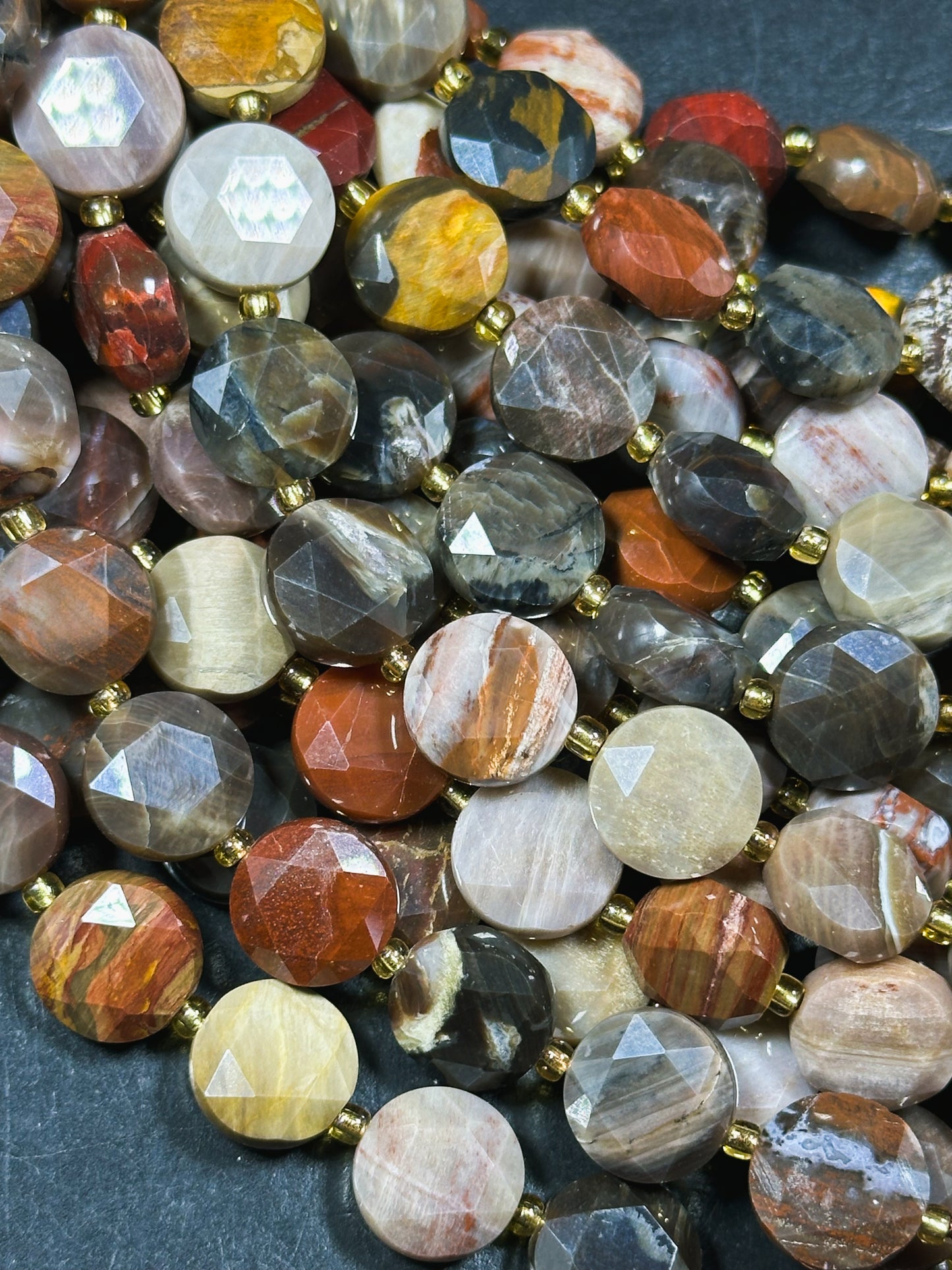 Natural Black Moonstone Gemstone Bead Faceted 12mm Coin Shape Bead, Beautiful Multi Brown Color Black Moonstone Bead, Full Strand 15.5"