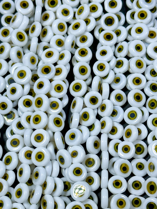 Beautiful Evil Eye Glass Beads 6mm 10mm Flat Coin Shape, Beautiful White with Yellow Evil Eye Glass Beads, Religious Amulet Prayer Beads