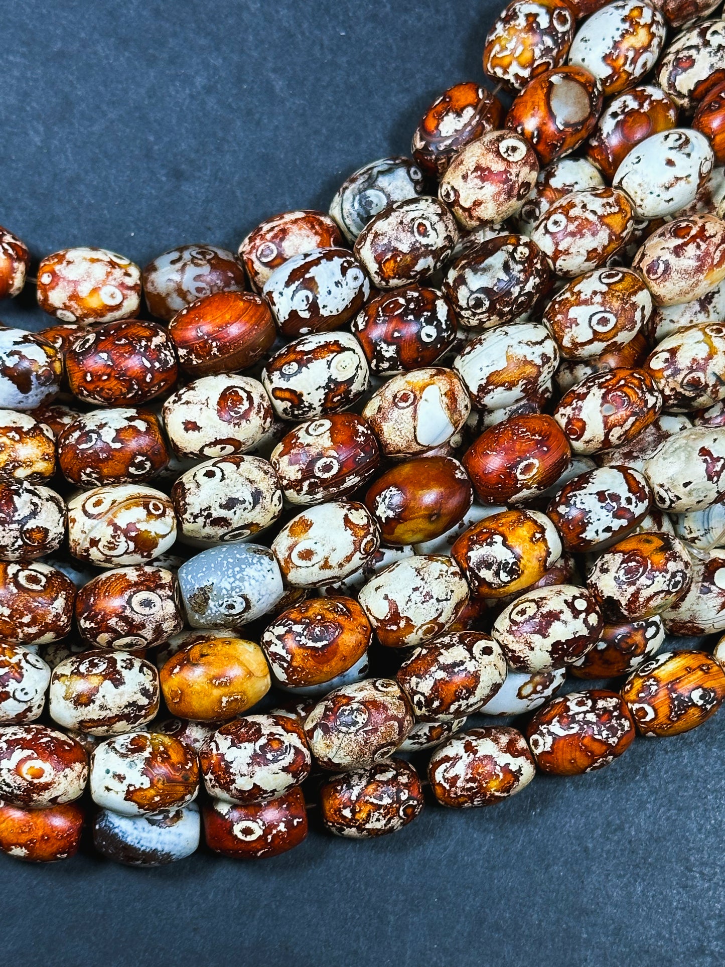 AAA Natural Tibetan Gemstone Bead 12x16mm Barrel Shape, Beautiful Orange Brown Hand Painted Tibetan Stone Bead, Excellent Quality 14" Strand