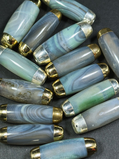 Natural Dragon Skin Agate Gemstone 40x14mm Barrel Shape Bead, Gorgeous Clear Green-Blue Color Stone Beads, Filled Edges, Loose Focal Beads