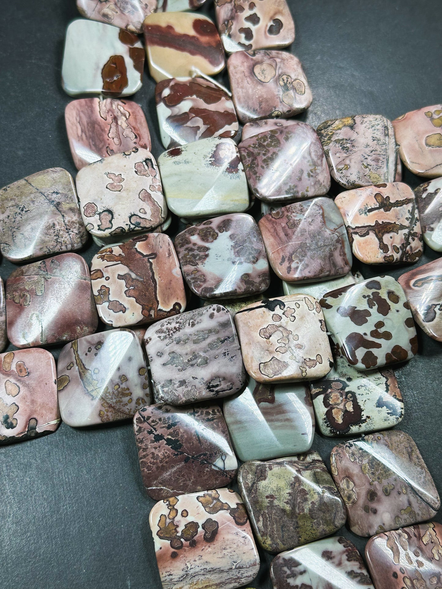 Natural Orbicular Jasper Gemstone Bead 30mm Curved Square Shape, Beautiful Natural Gray Brown Color Jasper Stone Bead, Full Strand 15.5"