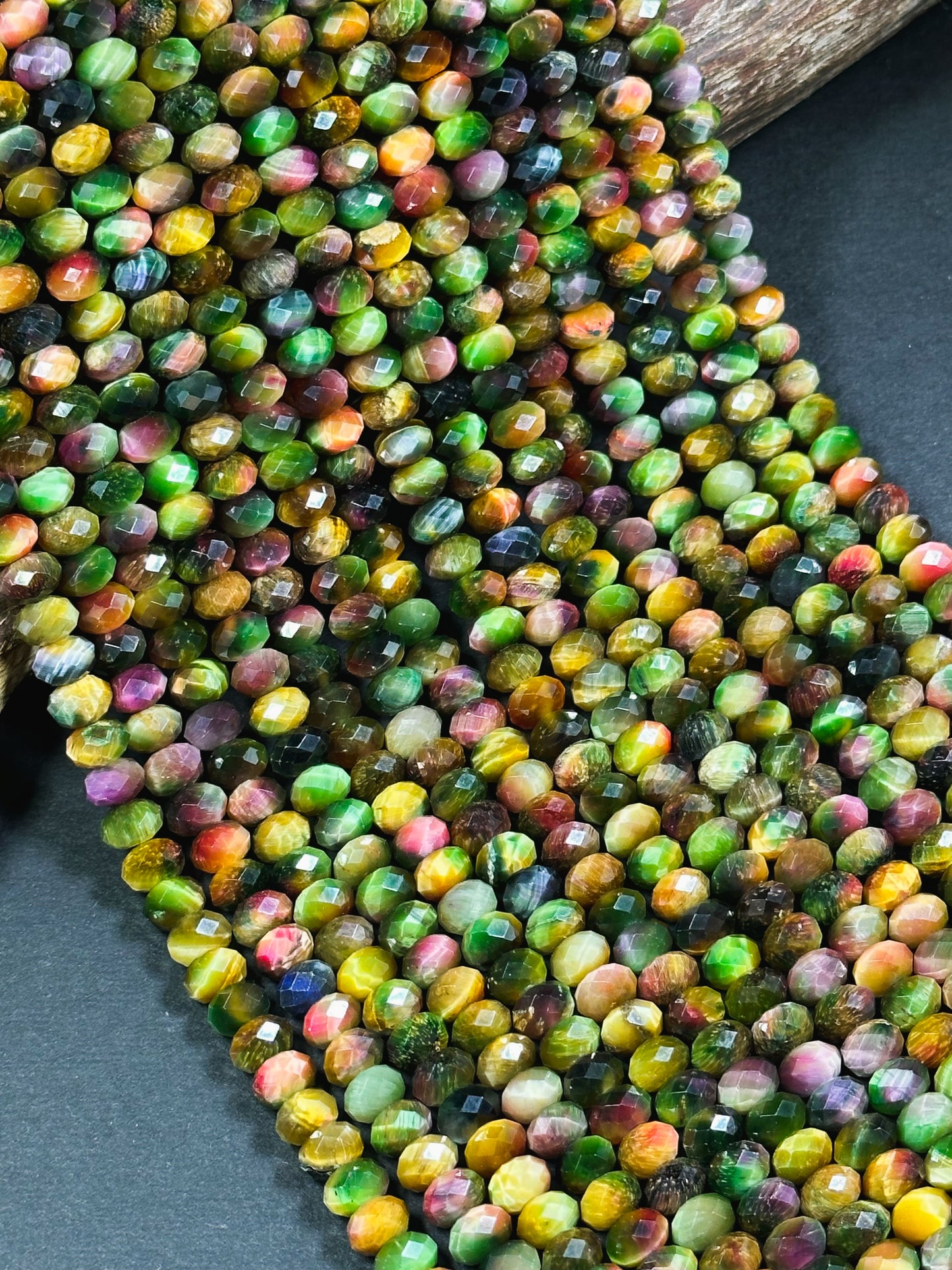 Beautiful Galaxy Tiger Eye Gemstone Bead Faceted 8x5mm Rondelle Shape, Gorgeous Multicolor Green Yellow Tiger Eye Beads Full Strand 15.5"