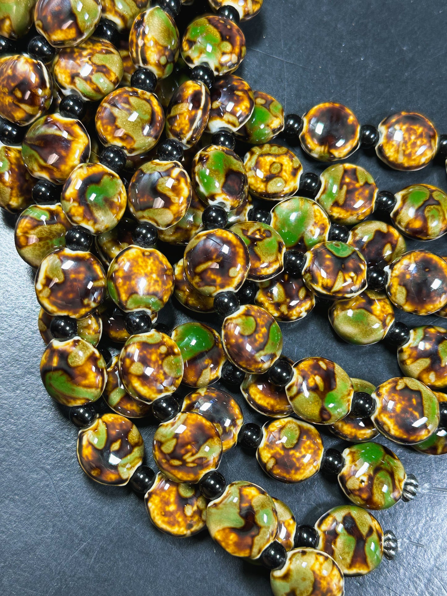 Beautiful Hand Painted Porcelain Beads, 15mm Unique Hand Painted Porcelain Coin Shape Beads, Gorgeous Green Brown Color Porcelain Bead 8"