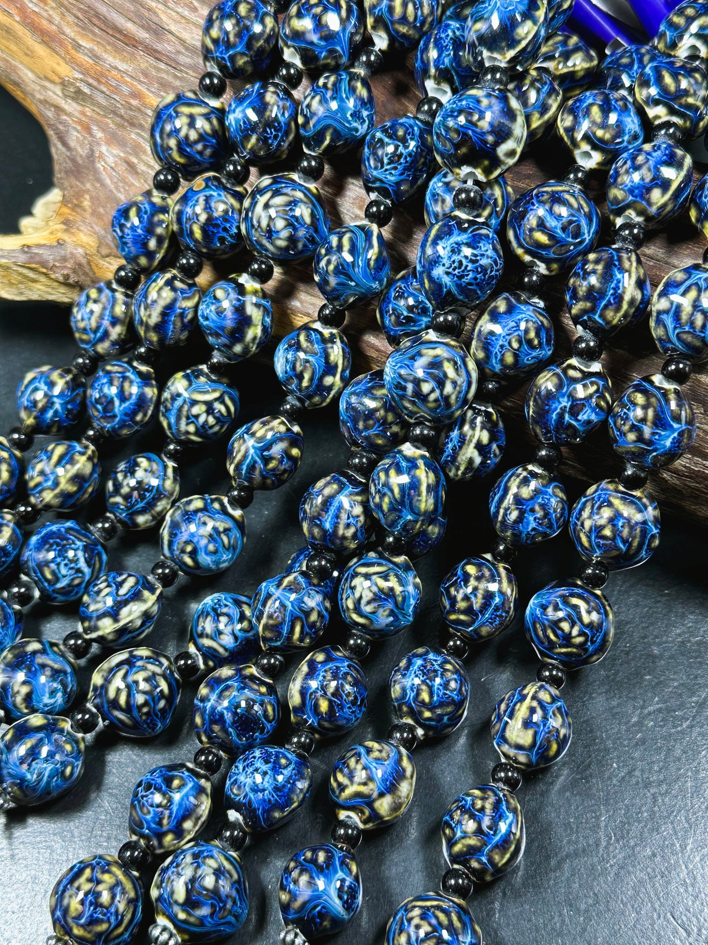 Beautiful Hand Painted Porcelain Beads, 18mm Unique Hand Painted Blue Porcelain Round Shape Beads, Gorgeous Blue Color Porcelain Bead 9"