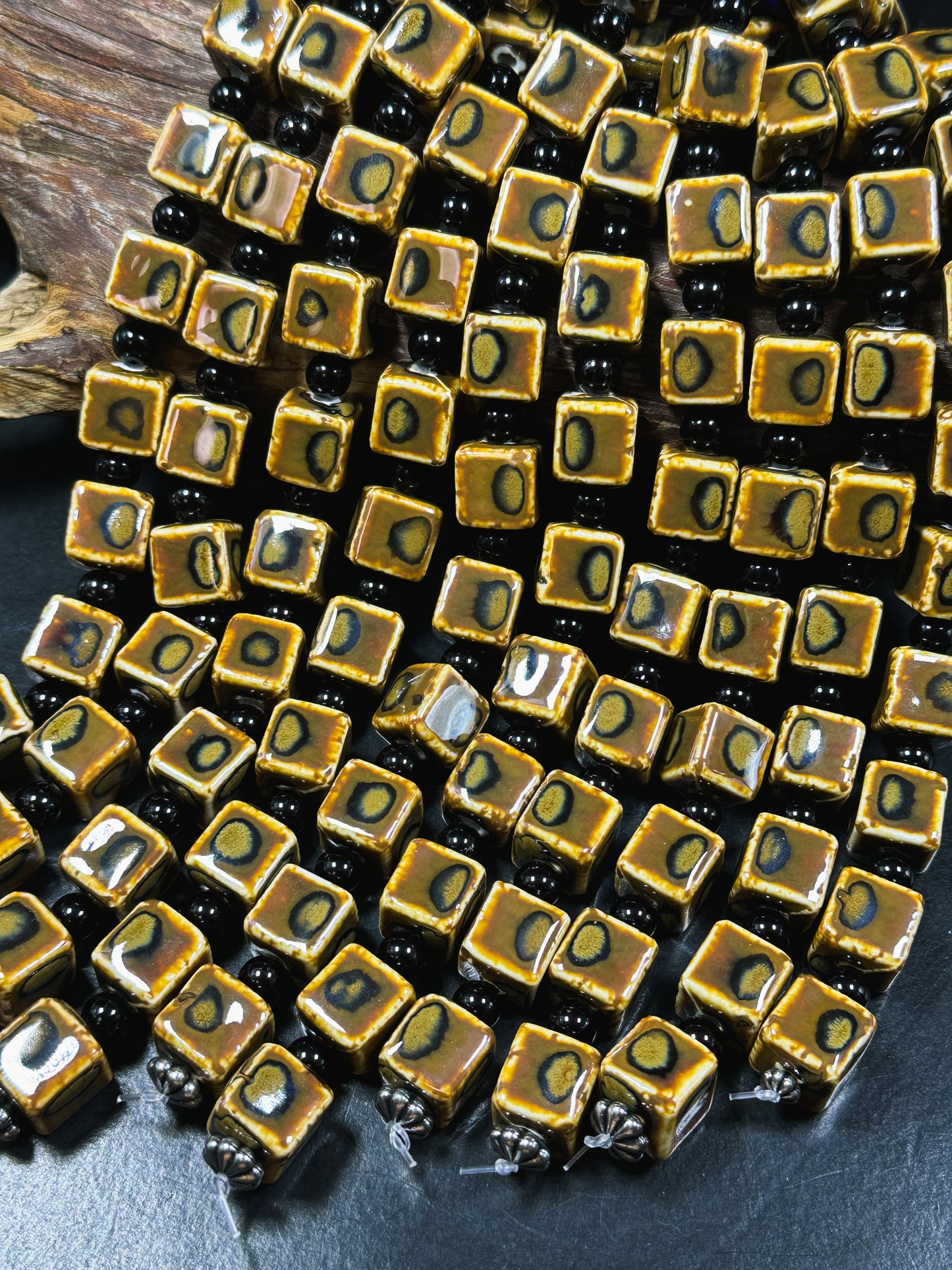Beautiful Hand Painted Porcelain Beads, 14mm Unique Hand Painted Porcelain Cube Shape Beads, Gorgeous Brown Color Porcelain Bead 8"