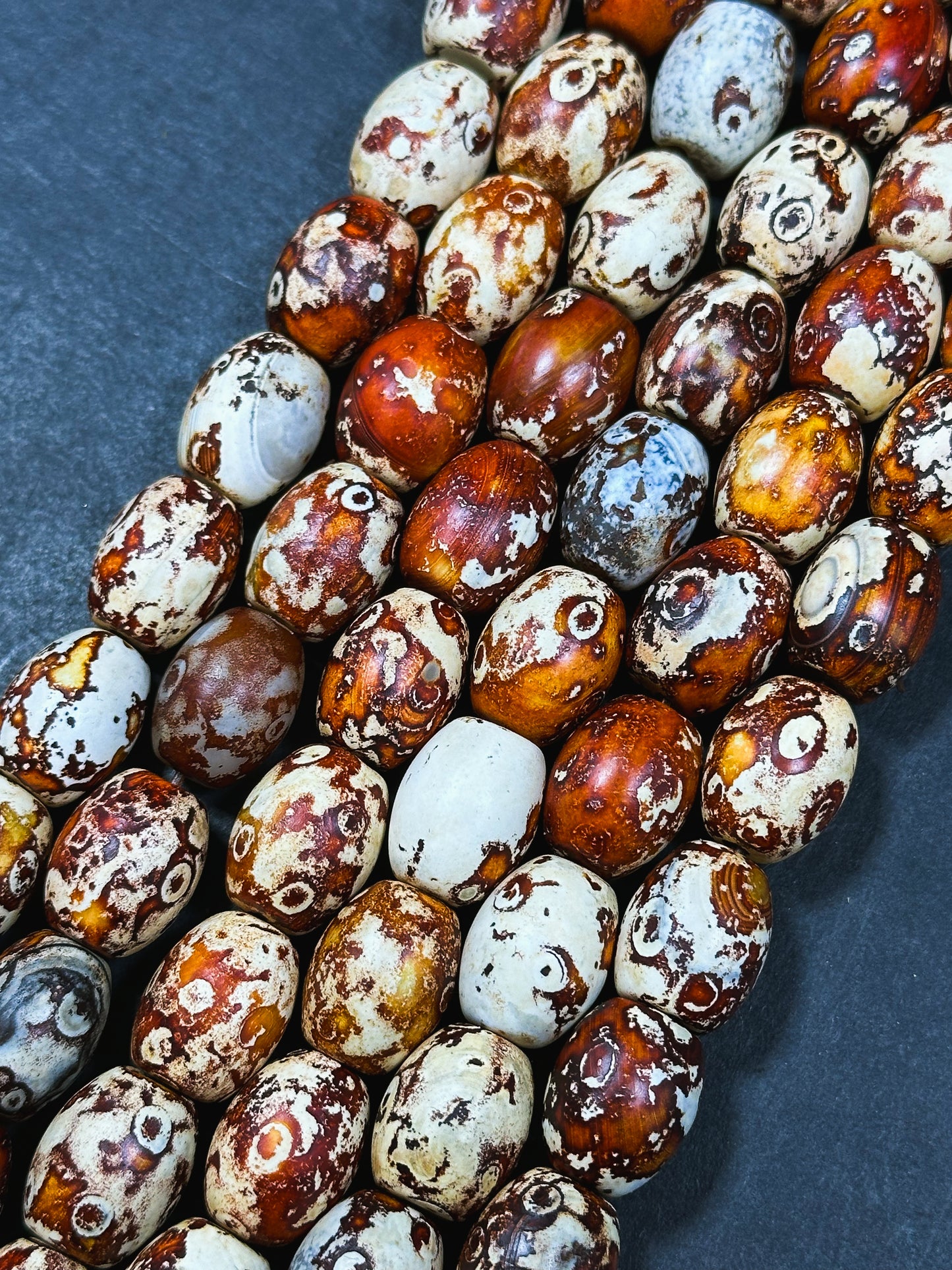 AAA Natural Tibetan Gemstone Bead 12x16mm Barrel Shape, Beautiful Orange Brown Hand Painted Tibetan Stone Bead, Excellent Quality 14" Strand