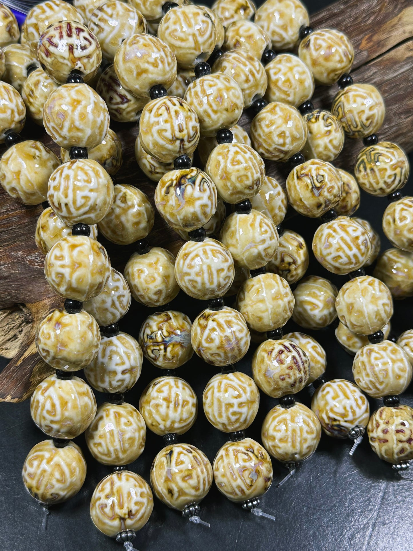 Beautiful Hand Painted Porcelain Beads, 20mm Unique Design Hand Painted Porcelain Round Shape Beads, Gorgeous Beige Color Porcelain Bead 8"