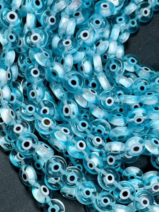 Beautiful Evil Eye Glass Beads 8mm 10mm Flat Coin Shape, Beautiful Aqua Blue Clear Color Evil Eye Glass Beads, Religious Amulet Prayer Beads