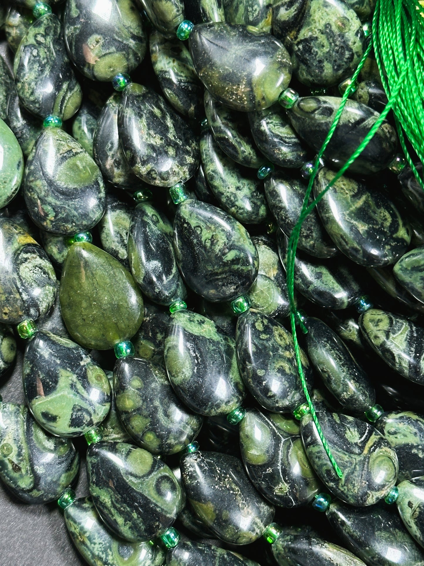 Natural Kambaba Jasper Gemstone Bead 18x13mm Teardrop Shape, Beautiful Natural Green Black Color Jasper Bead Great Quality Full Strand 15.5"