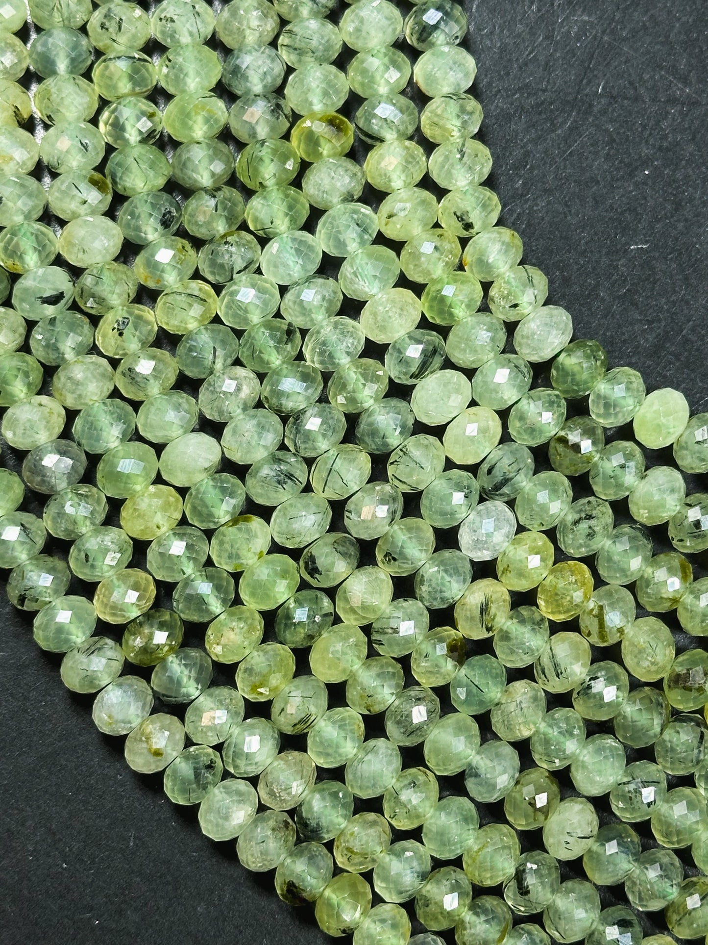 AAA Natural Prehnite Gemstone Bead Faceted 7x5mm Rondelle Shape, Natural Green Prehnite with Black Inclusions, Excellent Quality Full Strand 15.5"