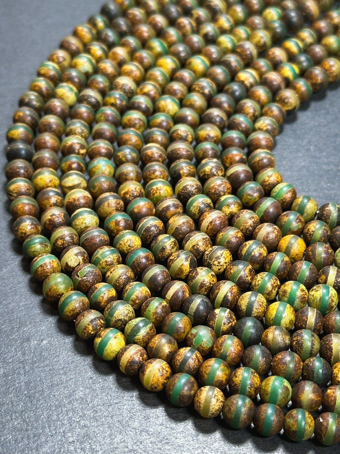 Natural Tibetan Agate Gemstone Bead 6mm Round Beads, Beautiful Brown Green Line Design Tibetan Agate Gemstone Beads, Full Strand 15.5”