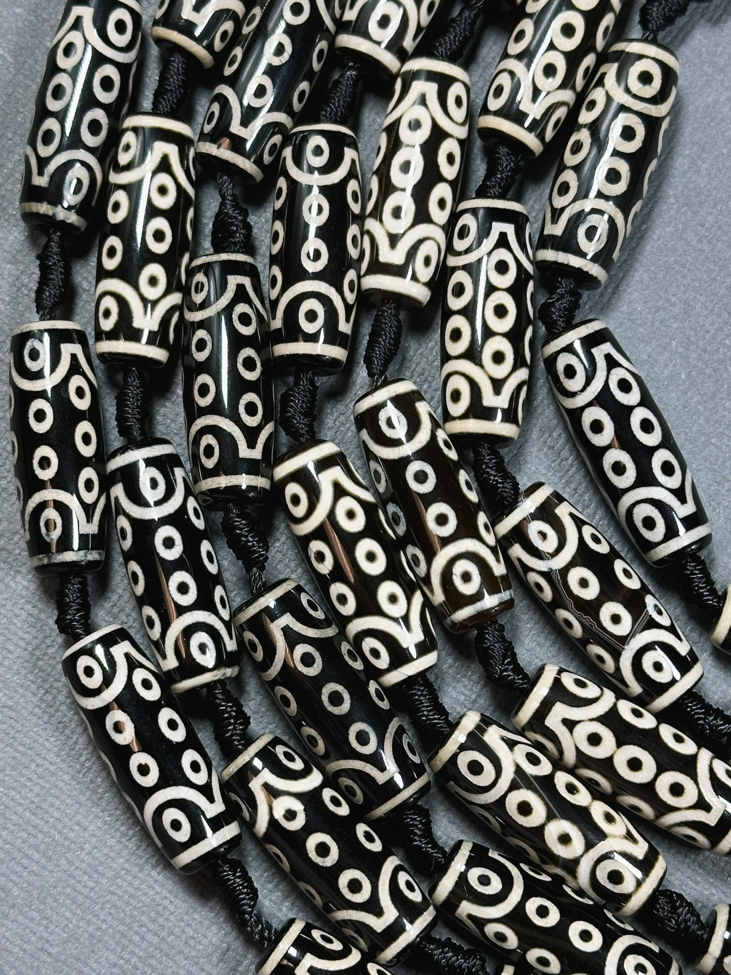 Natural Tibetan Gemstone Bead 29x10mm Barrel Shape Bead, Beautiful Black White Hand Painted Unique Design Tibetan Bead, Full Strand 15.5"