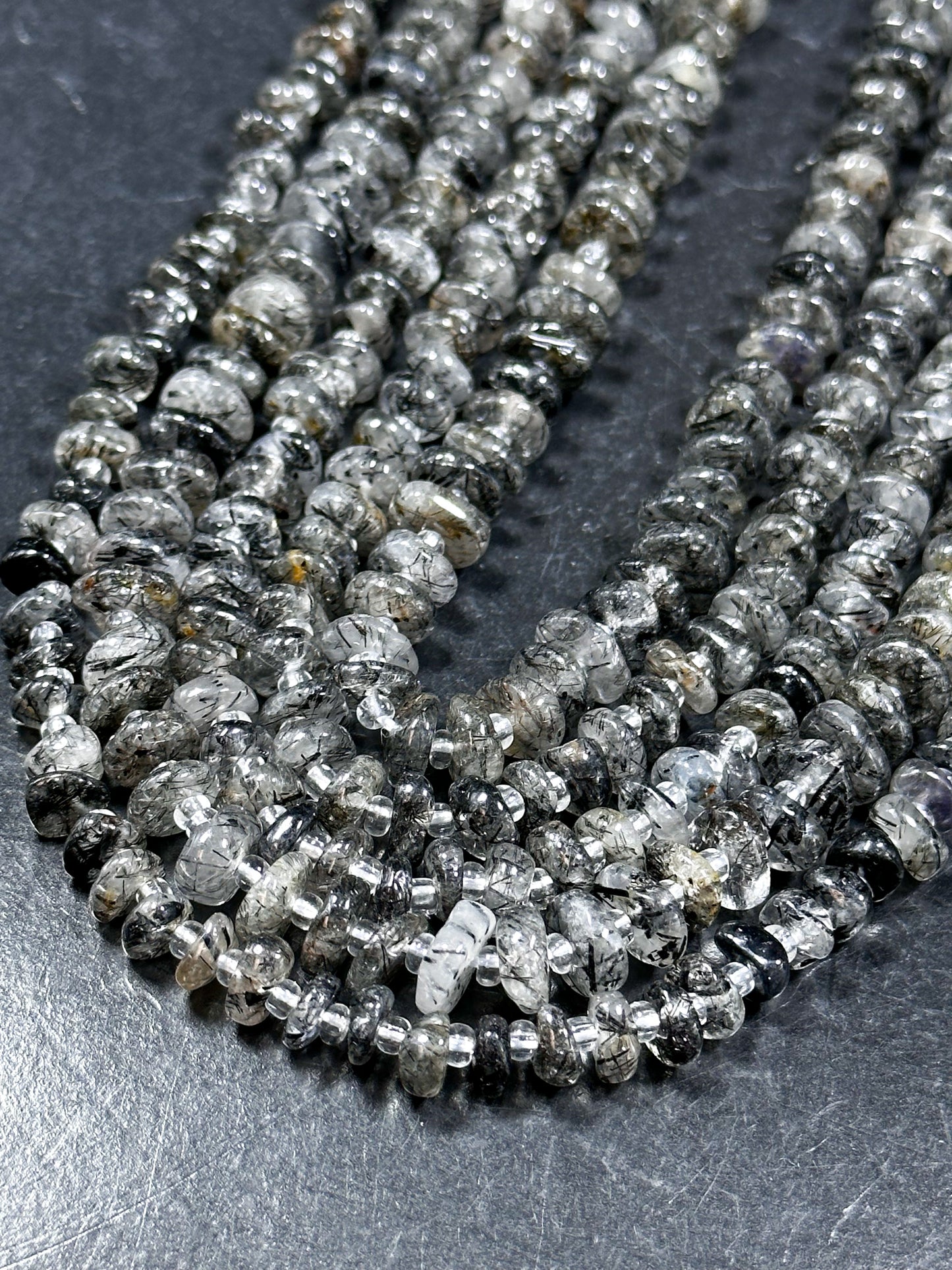 NATURAL Rutilated Quartz Gemstone Bead 7-9mm Freeform Rondelle Shape Beads, Beautiful Black Gray Color Black Hairs Loose Bead 15.5" Strand