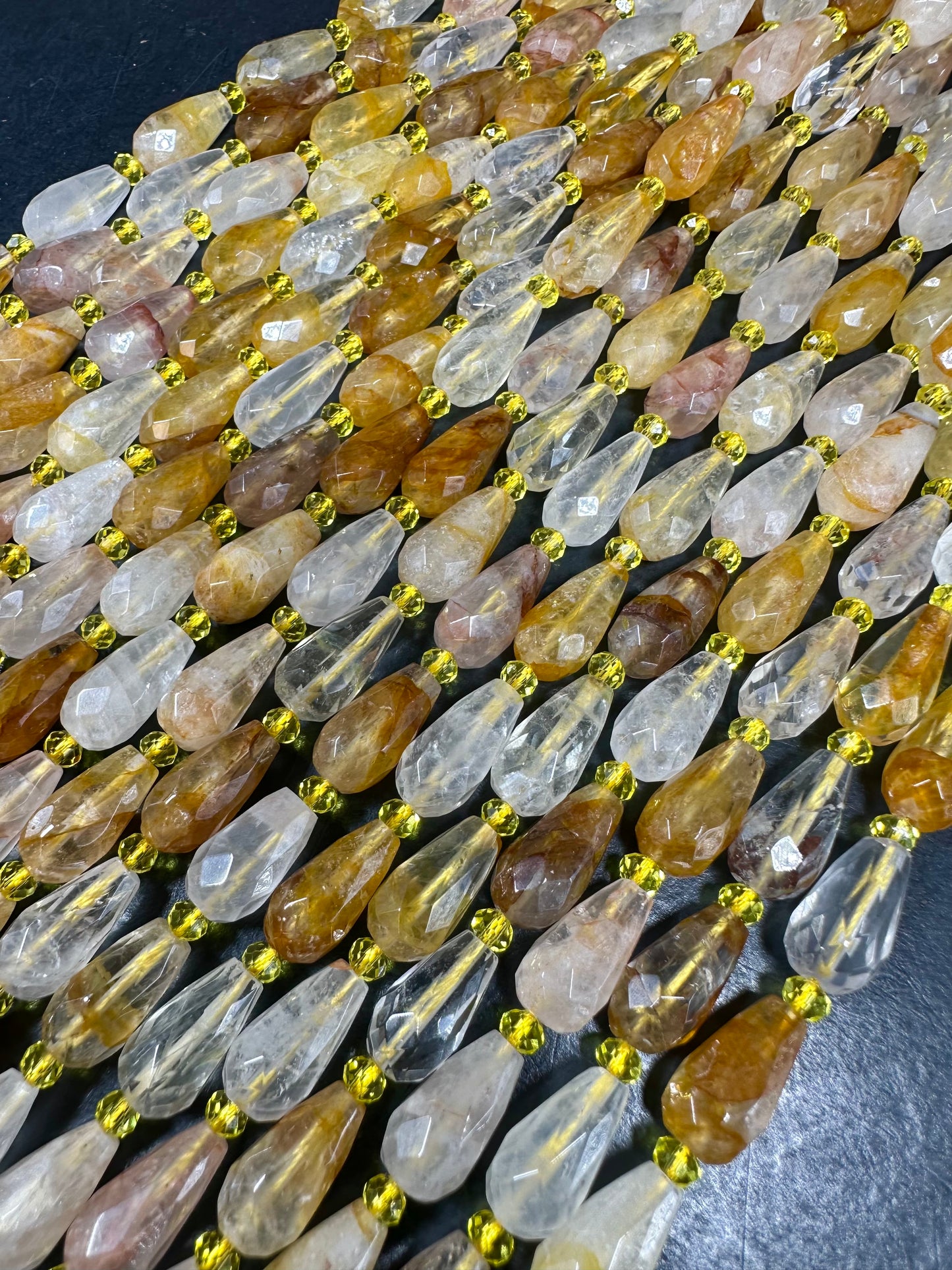 NATURAL Rutilated Quartz Gemstone Bead Faceted 15x8mm Teardrop Shape Beads. Beautiful Gold Yellow Color Quartz Full Strand 15.5"