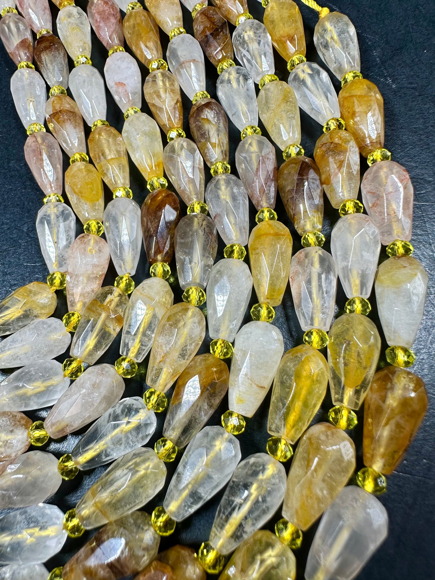 NATURAL Rutilated Quartz Gemstone Bead Faceted 15x8mm Teardrop Shape Beads. Beautiful Gold Yellow Color Quartz Full Strand 15.5"