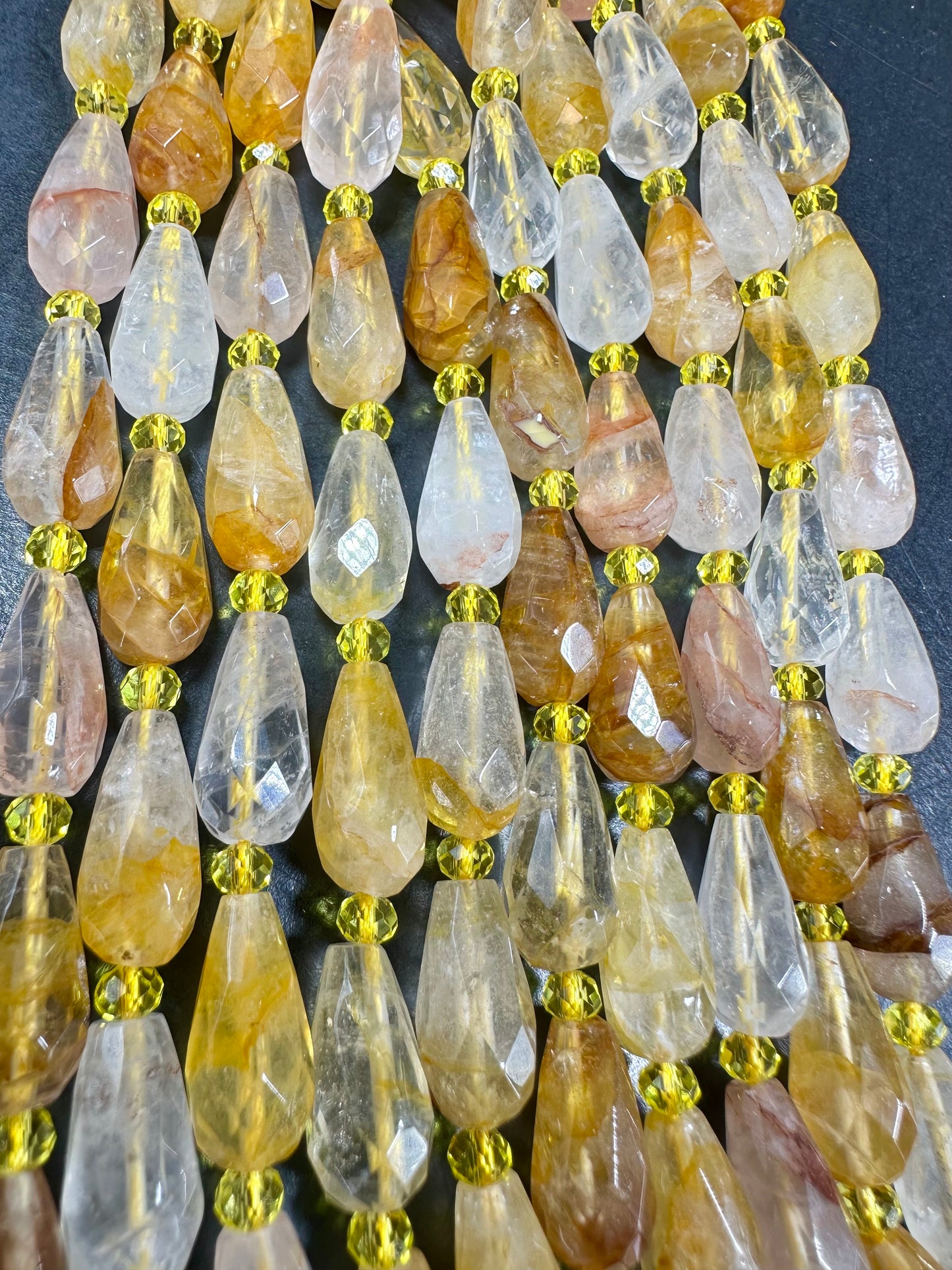 NATURAL Rutilated Quartz Gemstone Bead Faceted 15x8mm Teardrop Shape Beads. Beautiful Gold Yellow Color Quartz Full Strand 15.5"