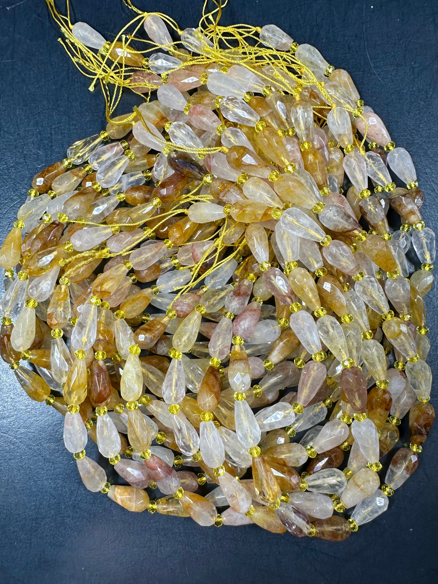 NATURAL Rutilated Quartz Gemstone Bead Faceted 15x8mm Teardrop Shape Beads. Beautiful Gold Yellow Color Quartz Full Strand 15.5"