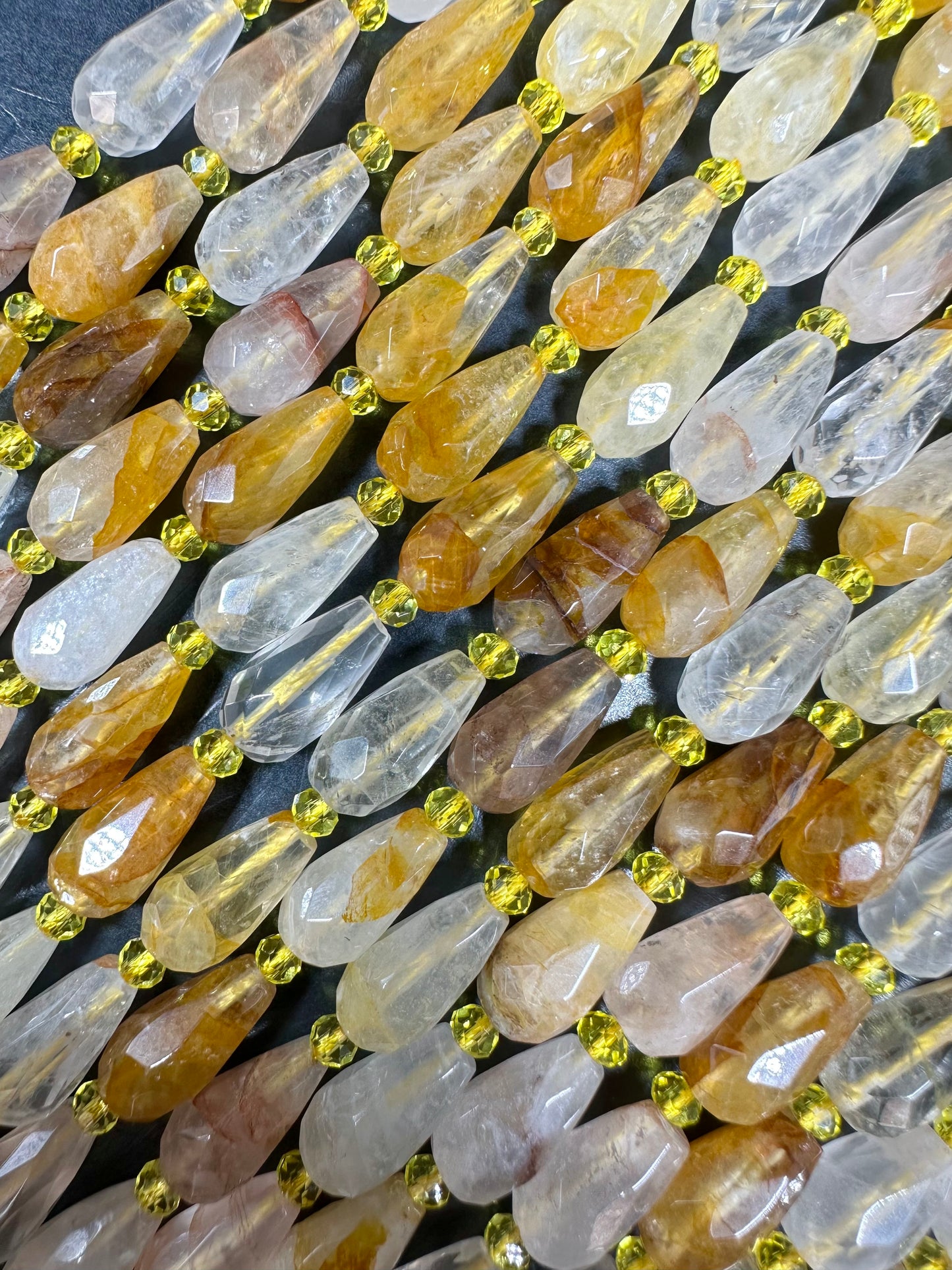 NATURAL Rutilated Quartz Gemstone Bead Faceted 15x8mm Teardrop Shape Beads. Beautiful Gold Yellow Color Quartz Full Strand 15.5"