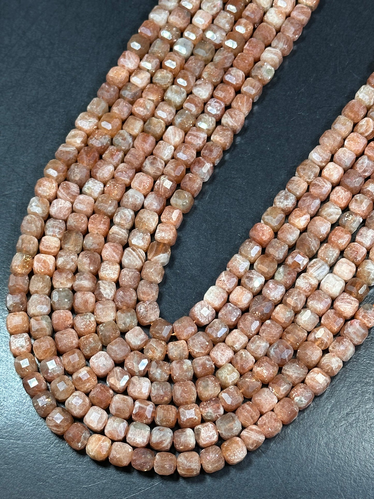 NATURAL Fire Sunstone Gemstone Bead Faceted 8mm Cube Shape, Gorgeous Peach Orange Color Loose Fire Sunstone Beads. 15.5" Full strand