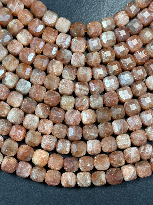 NATURAL Fire Sunstone Gemstone Bead Faceted 8mm Cube Shape, Gorgeous Peach Orange Color Loose Fire Sunstone Beads. 15.5" Full strand