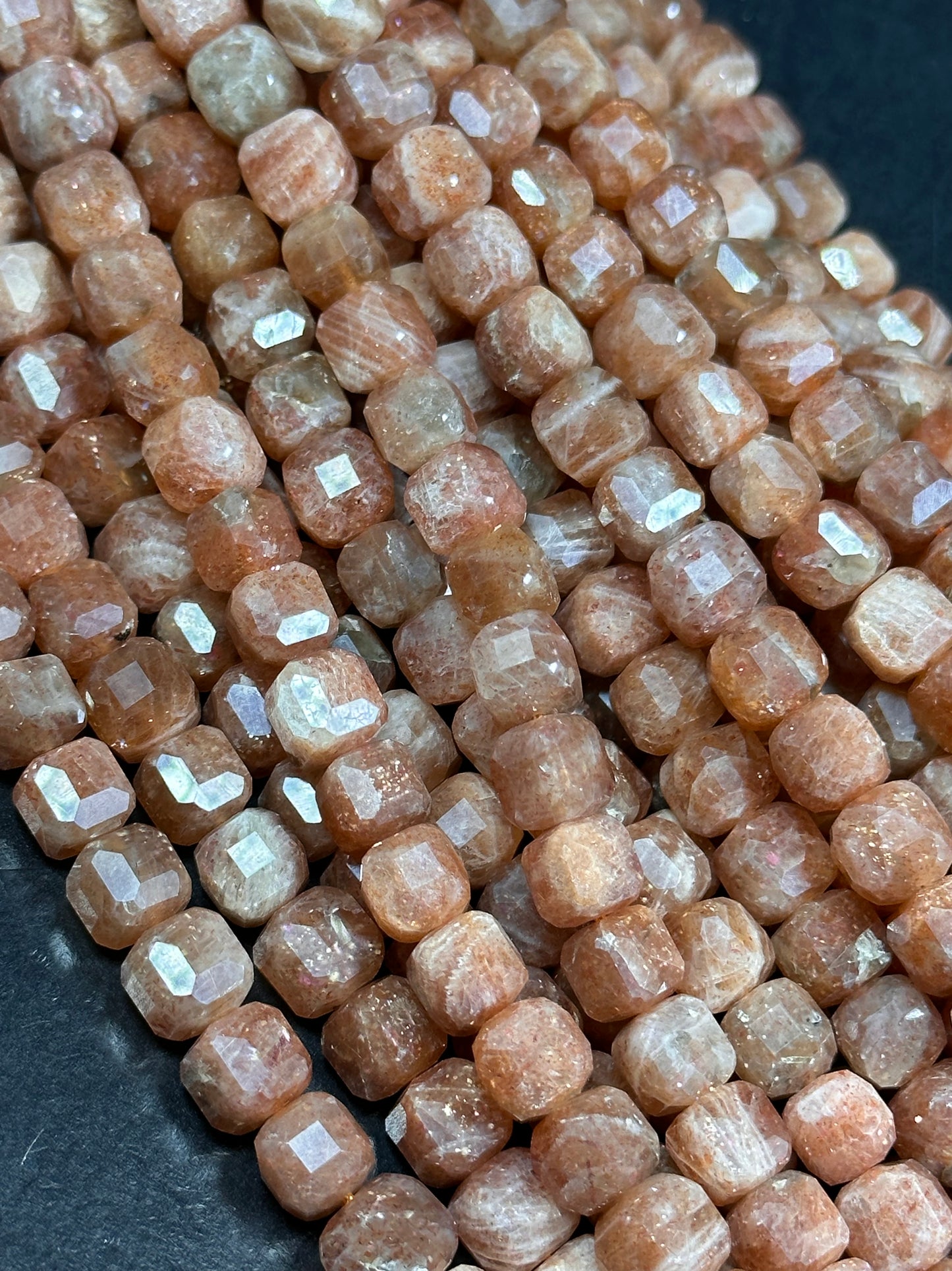 NATURAL Fire Sunstone Gemstone Bead Faceted 8mm Cube Shape, Gorgeous Peach Orange Color Loose Fire Sunstone Beads. 15.5" Full strand