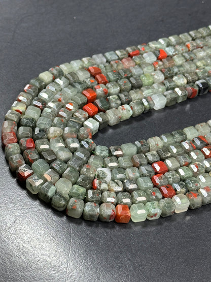 AA NATURAL African Bloodstone Gemstone Bead Faceted 8mm Cube Shape, Beautiful Gray Red Color Bloodstone Beads. Full Strand 15.5"