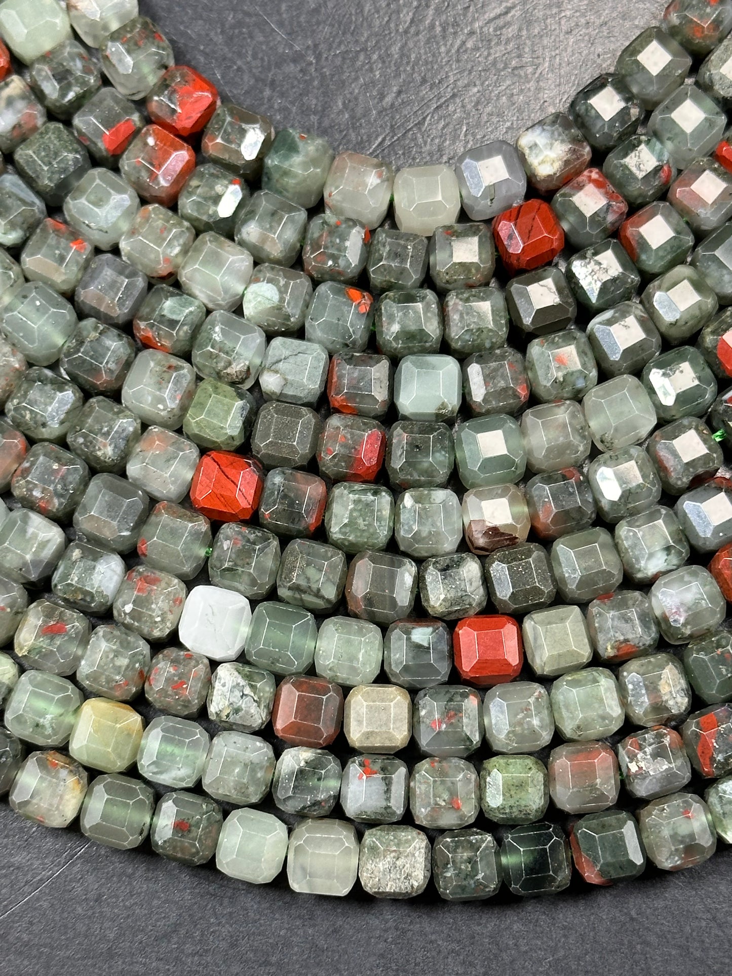 AA NATURAL African Bloodstone Gemstone Bead Faceted 8mm Cube Shape, Beautiful Gray Red Color Bloodstone Beads. Full Strand 15.5"