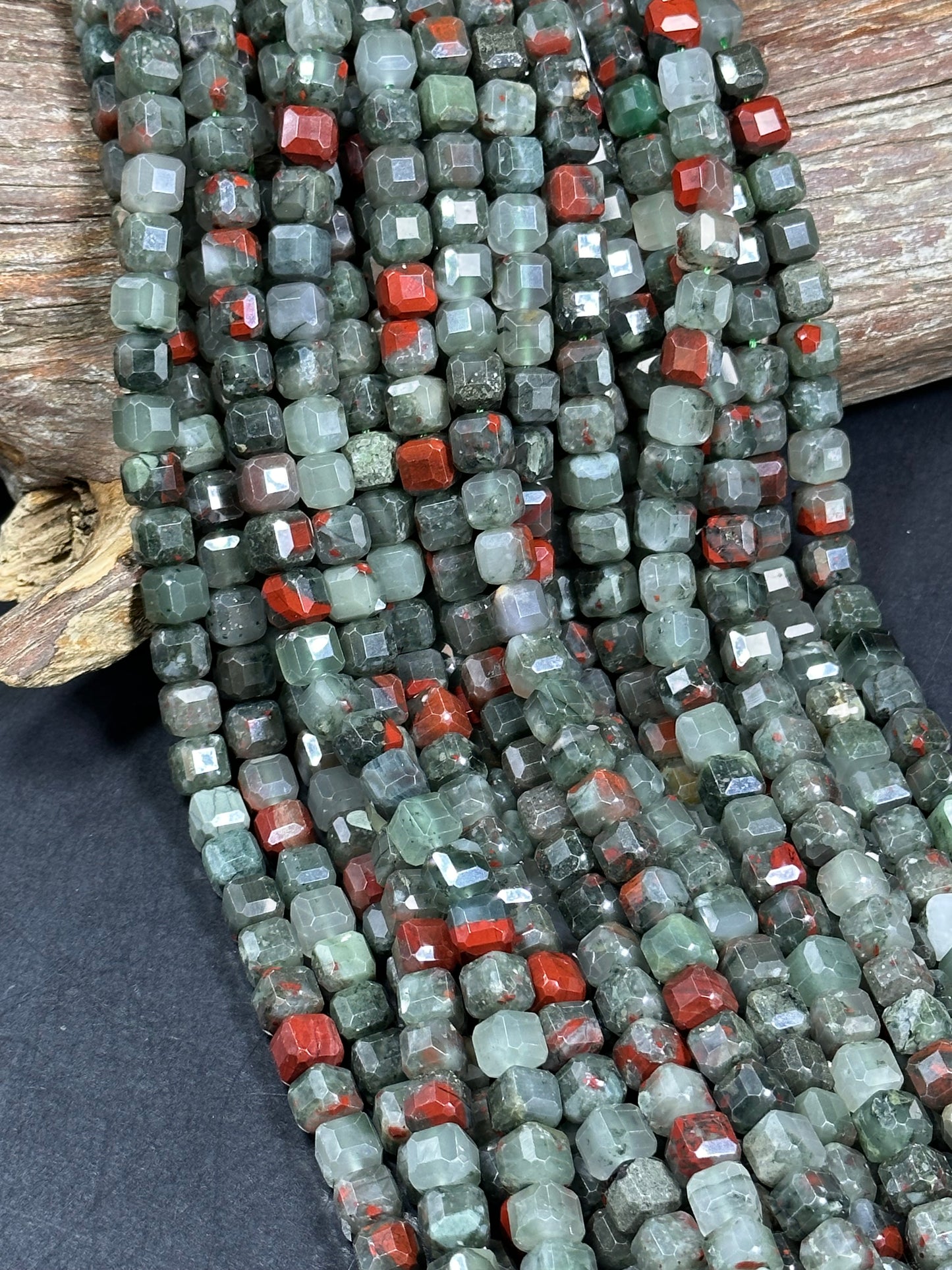 AA NATURAL African Bloodstone Gemstone Bead Faceted 8mm Cube Shape, Beautiful Gray Red Color Bloodstone Beads. Full Strand 15.5"