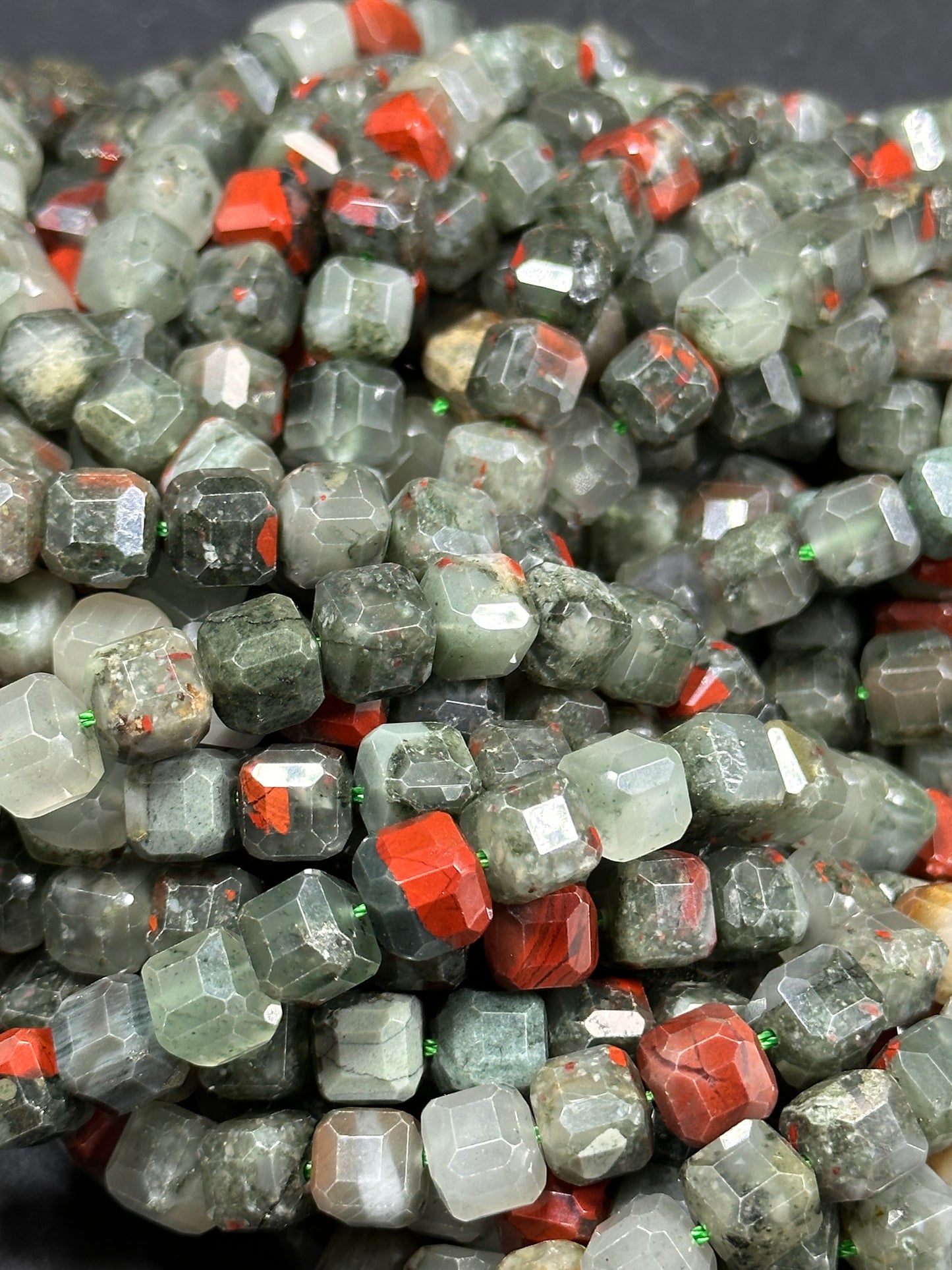 AA NATURAL African Bloodstone Gemstone Bead Faceted 8mm Cube Shape, Beautiful Gray Red Color Bloodstone Beads. Full Strand 15.5"
