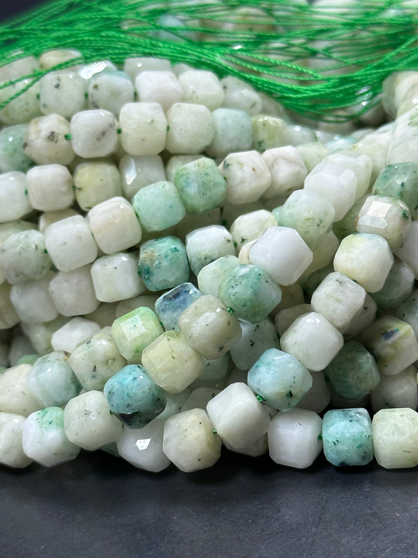AA NATURAL Kiwi Mariposite Jasper Gemstone Bead Faceted 7mm 8mm Cube Shape, Gorgeous Light Green White Color Loose Mariposite Beads. Full Strand 15.5"