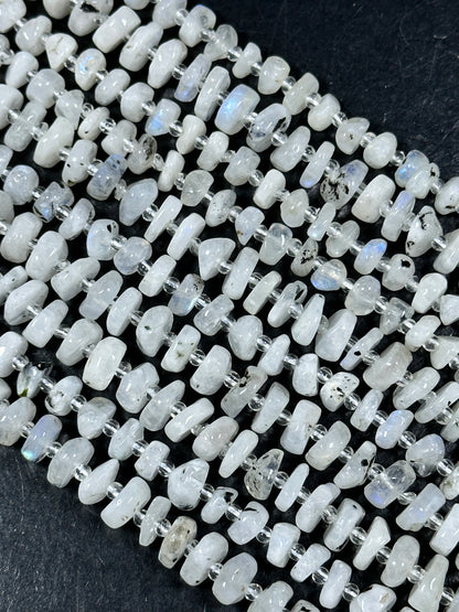 NATURAL Blue Flash Moonstone Gemstone Bead 6-10mm Freeform Rondelle Shape, Beautiful White Color w/ Blue Flash Loose Beads Full strand 15.5"