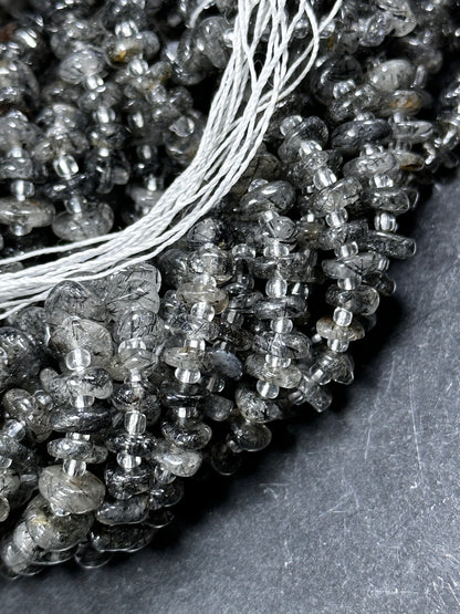 NATURAL Rutilated Quartz Gemstone Bead 7-9mm Freeform Rondelle Shape Beads, Beautiful Black Gray Color Black Hairs Loose Bead 15.5" Strand