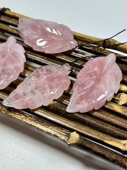 NATURAL Beautiful Hand Carved Rose Quartz Gemstone Pendant 60x31mm Leaf Shape, Gorgeous Natural Pink Color Rose Quartz Pendant