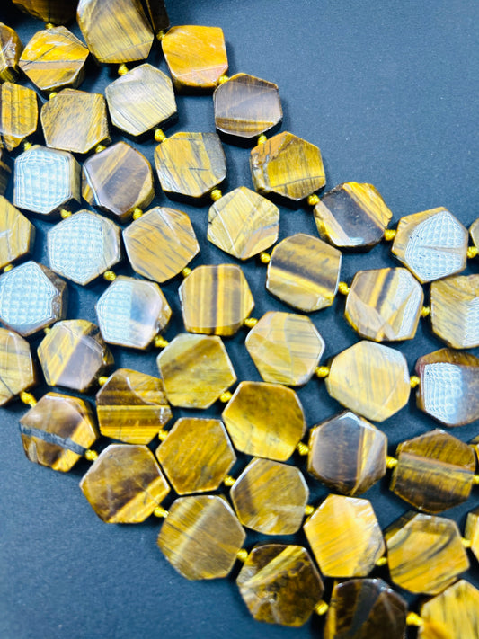 NATURAL Tiger Eye Gemstone Bead Faceted 10mm Hexagon, Gorgeous Golden Brown Honey Yellow Color Gemstone Bead Full Strand 15.5"