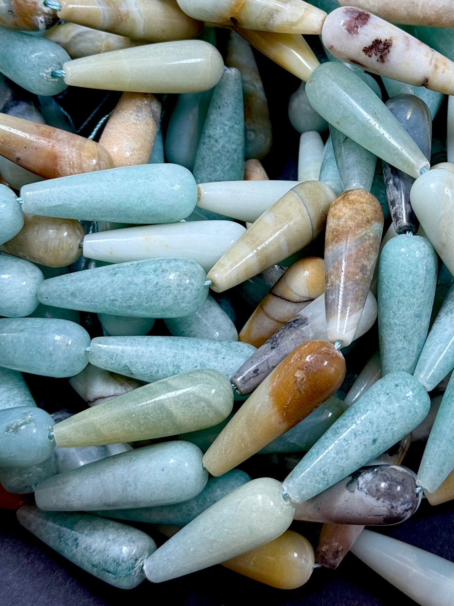 AAA natural FLOWER AMAZONITE Teardrop 30x10mm gemstone bead. Beautiful natural Blue Green Beige color gemstone bead. Full Strand 15.5"