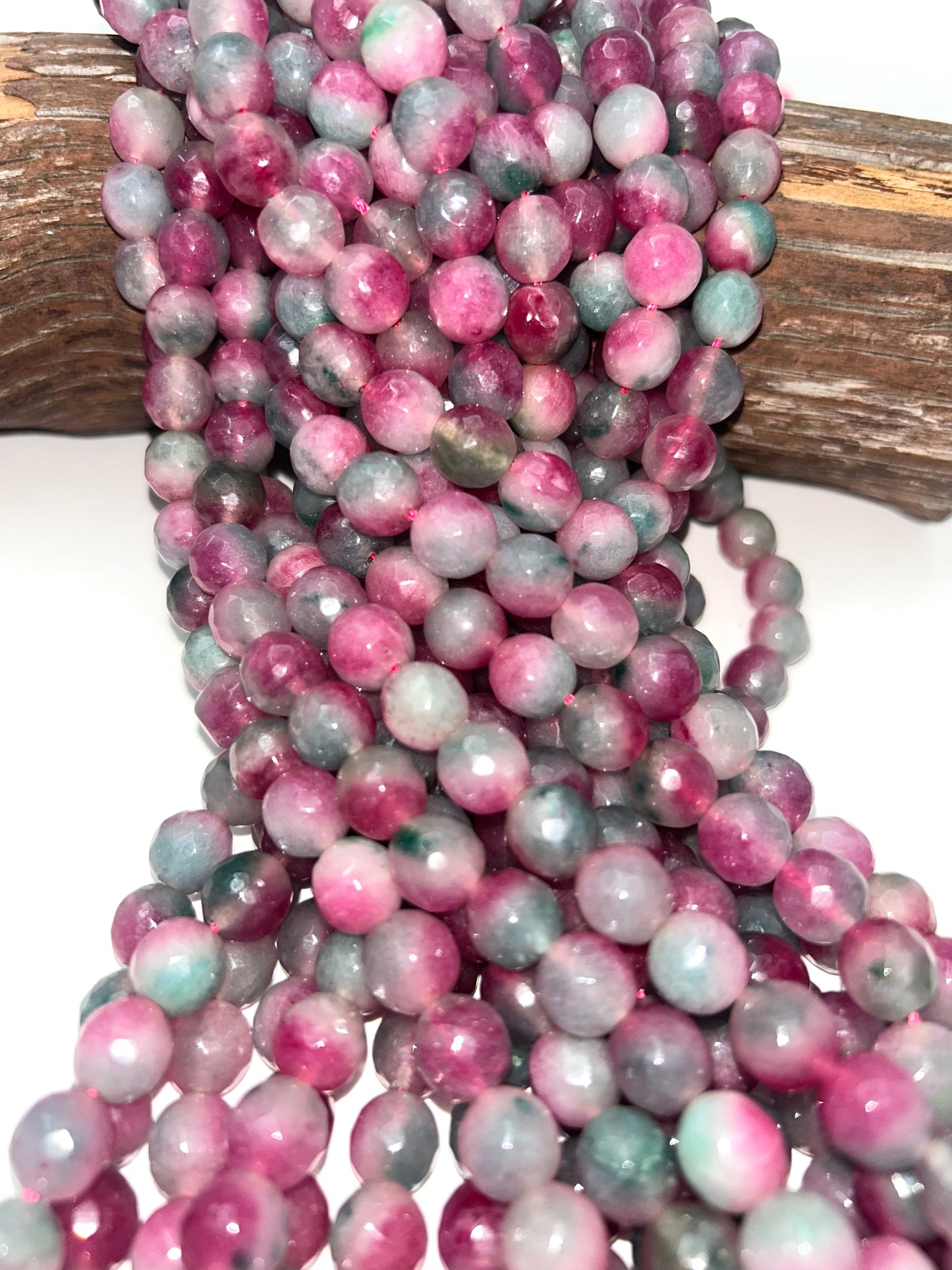AAA Natural Watermelon Jade Gemstone Bead Faceted 6mm 8mm 10mm Round Bead, Gorgeous Natural Clear Mauve & Green Jade Excellent Quality 15.5"