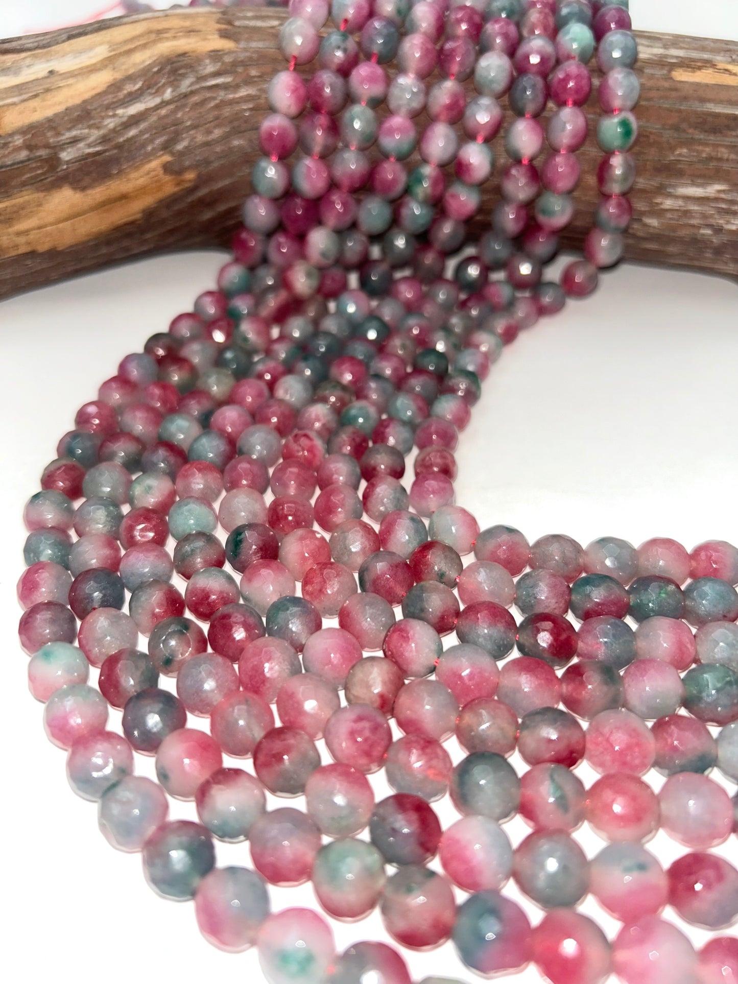 AAA Natural Watermelon Jade Gemstone Bead Faceted 6mm 8mm 10mm Round Bead, Gorgeous Natural Clear Mauve & Green Jade Excellent Quality 15.5"