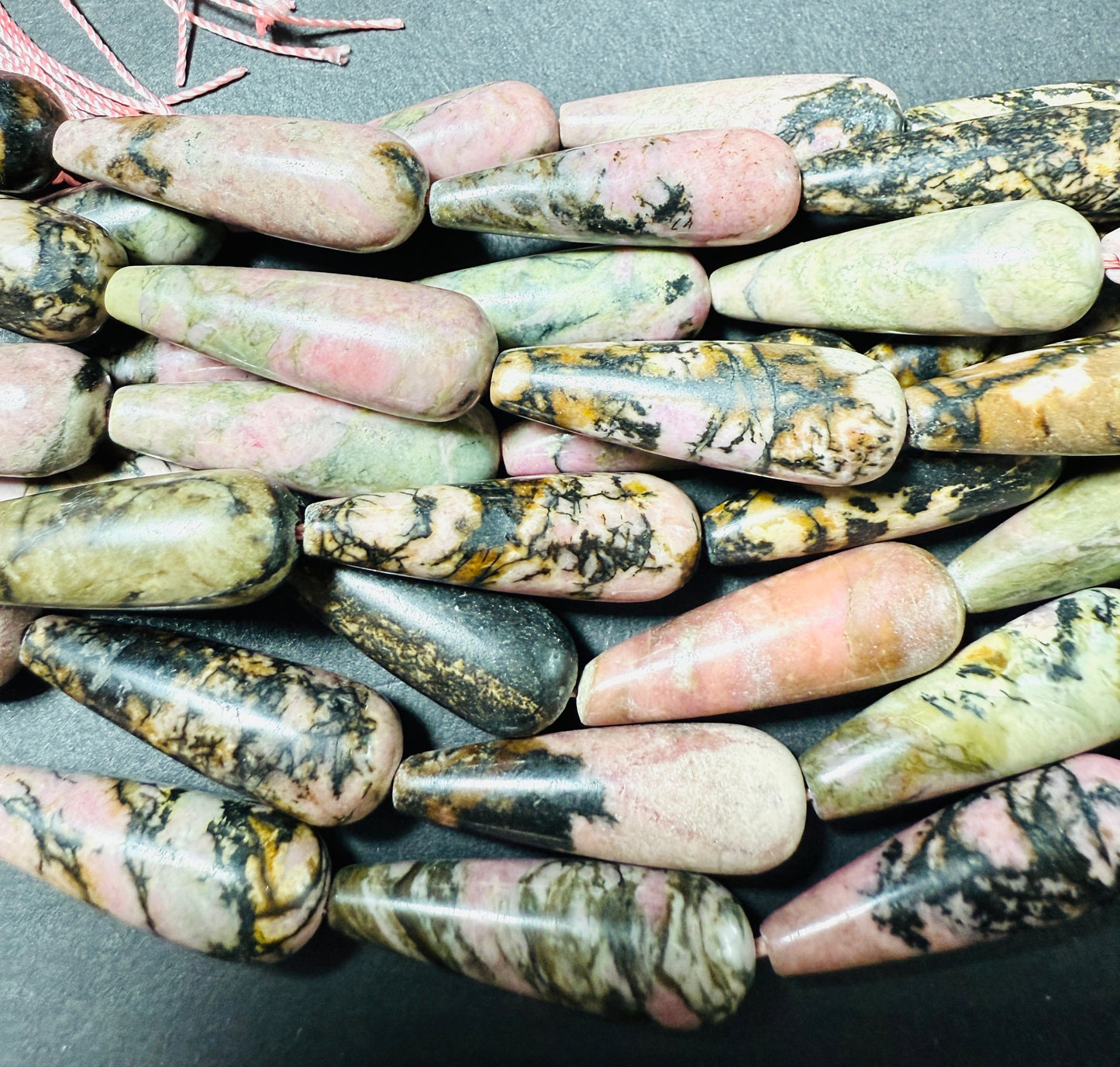 NATURAL Rhodonite Gemstone Bead 30x10mm Teardrop Shape Beads. Beautiful Brown Pink Color. Full Strand 15.5"