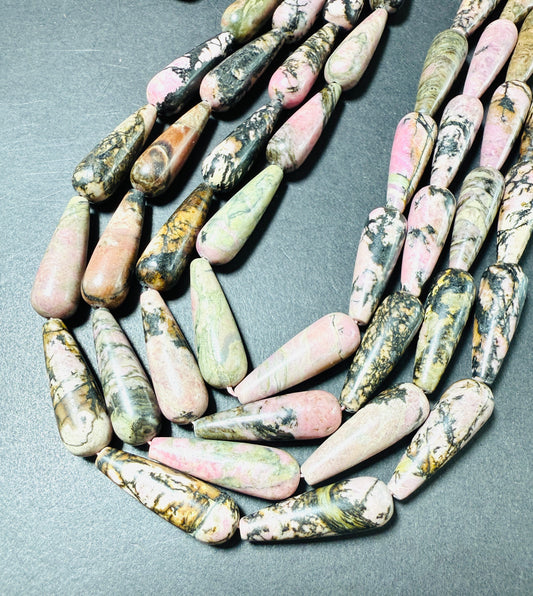 NATURAL Rhodonite Gemstone Bead 30x10mm Teardrop Shape Beads. Beautiful Brown Pink Color. Full Strand 15.5"