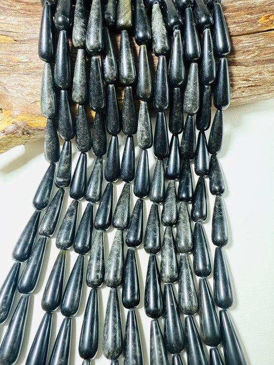 NATURAL Obsidian Gemstone Bead. 30x10mm Teardrop Shape Beads. Beautiful natural black color beads. Full Strand 15.5"