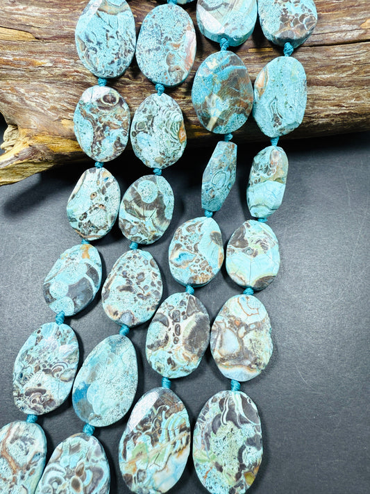 Beautiful Blue Ocean Jasper stone bead. Faceted 22x35 mm oval shape. Natural Blue Brown Color Jasper Stone Bead, Full Strand 15.5"