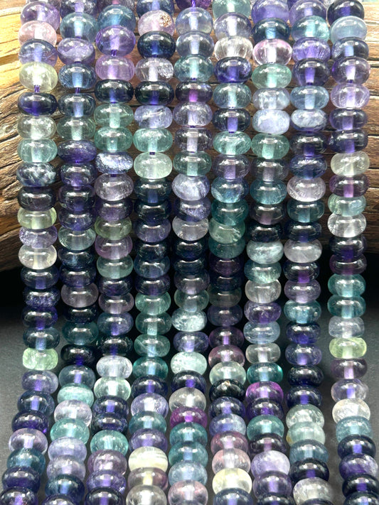 AAA Dark fluorite stone bead. Smooth 6x3.5mm 7.5x3mm Rondelle Shape bead. Gorgeous natural clear multi color fluorite gemstone 15.5”