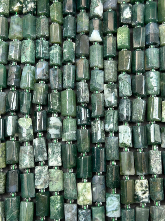 Natural Green Moss Agate Gemstone Bead Faceted 6.5x10-12mm tube , Beautiful Natural Green Color Moss Agate Stone Beads, Full Strand 15.5"