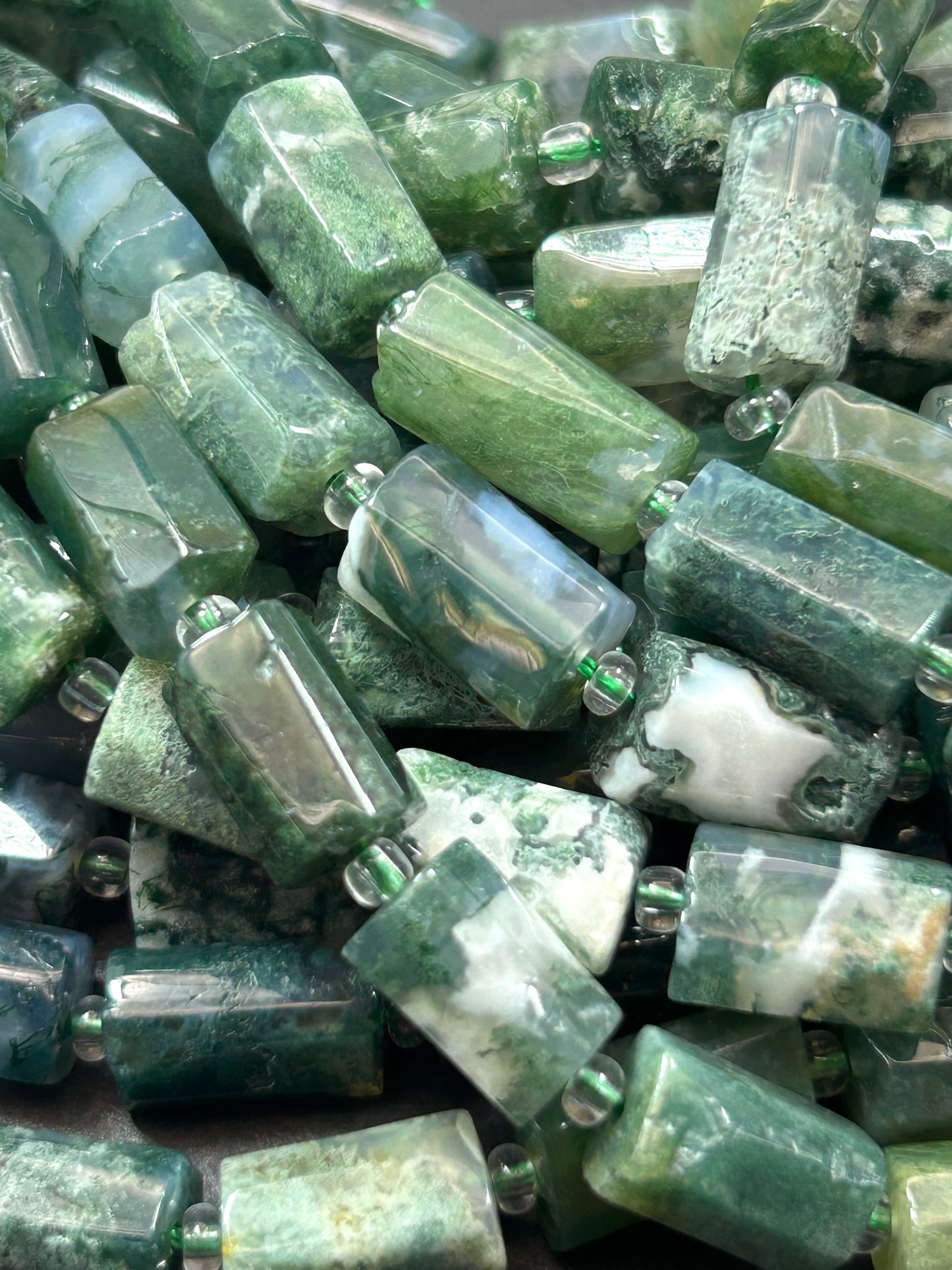 Natural Green Moss Agate Gemstone Bead Faceted 6.5x10-12mm tube , Beautiful Natural Green Color Moss Agate Stone Beads, Full Strand 15.5"